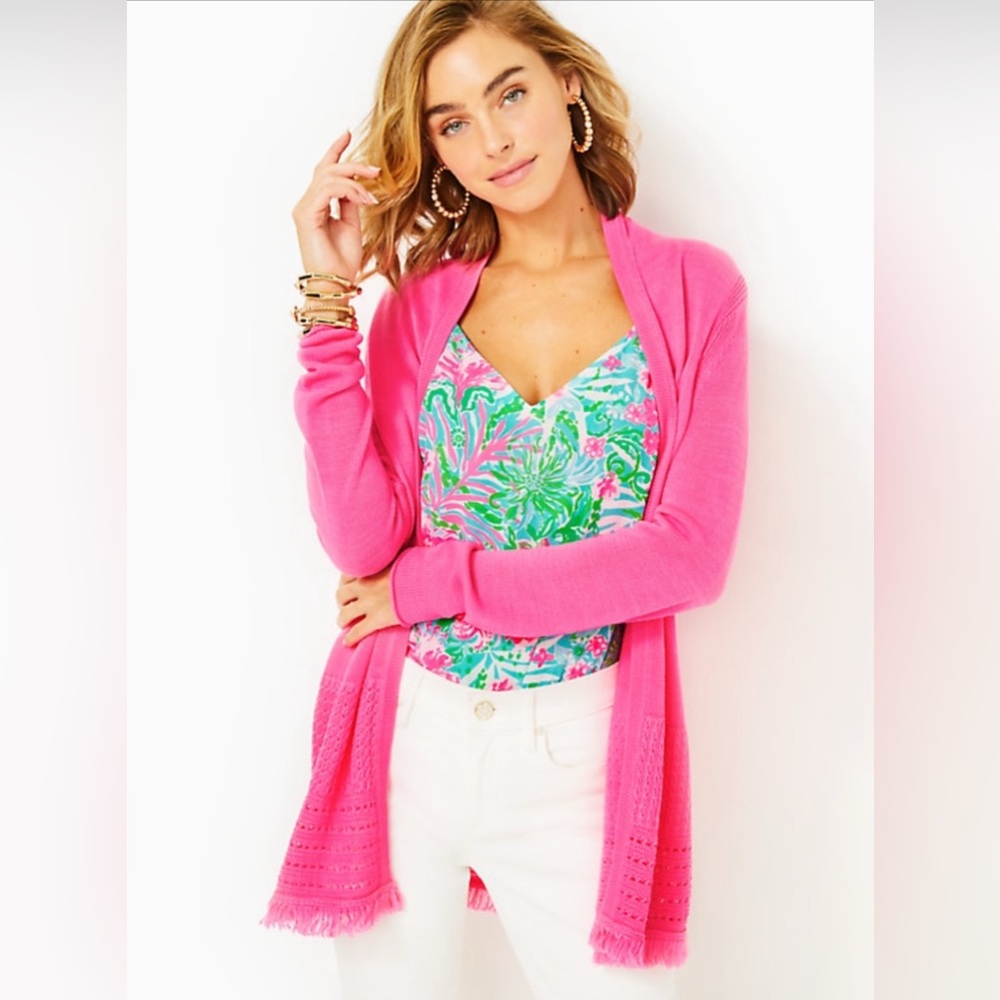 Lilly Pulitzer Noble Fringe Cardigan Sweater In  Prosecco Pink, Size Medium.